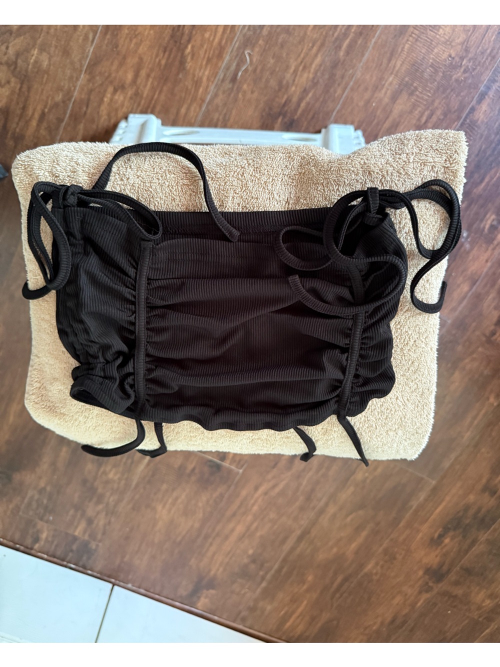 SHEIN Black Ribbed Drawstring Swim Top